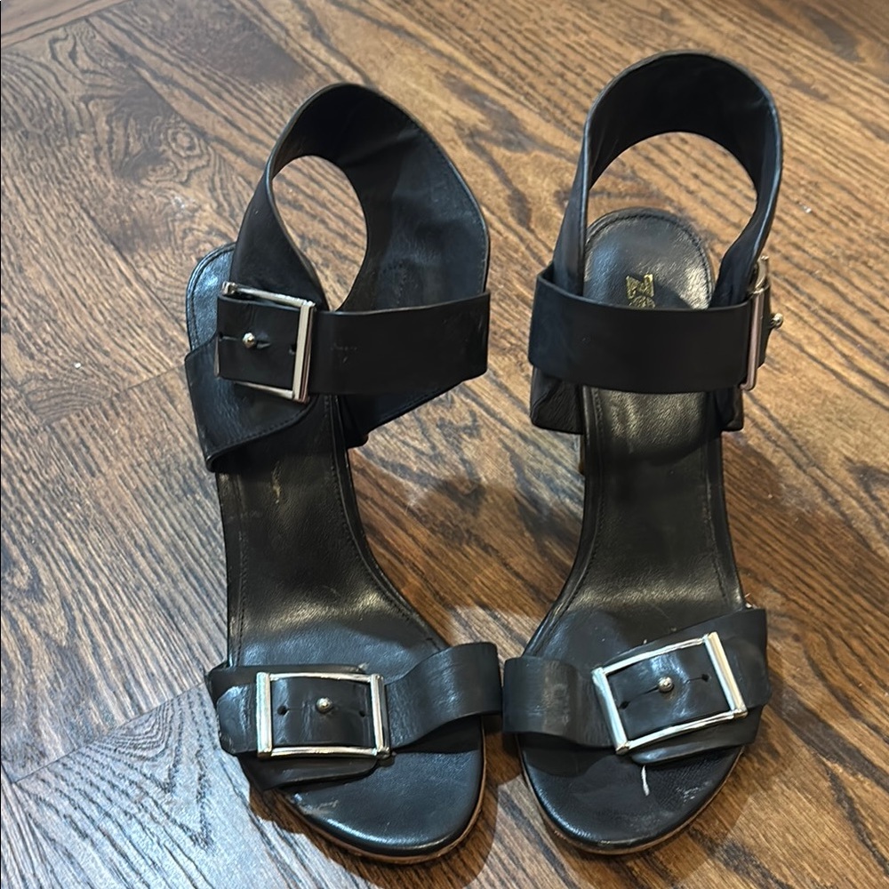 Black Block Heel Sandals with Silver Buckles